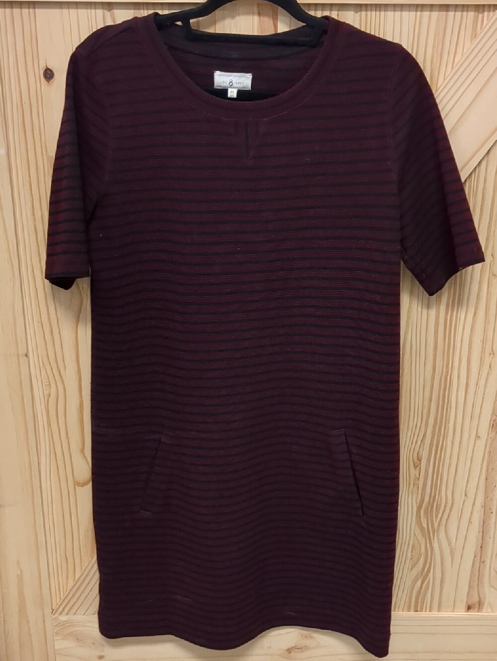 Lou & Grey Short Sleeve Dress in Burgundy and Black Stripe